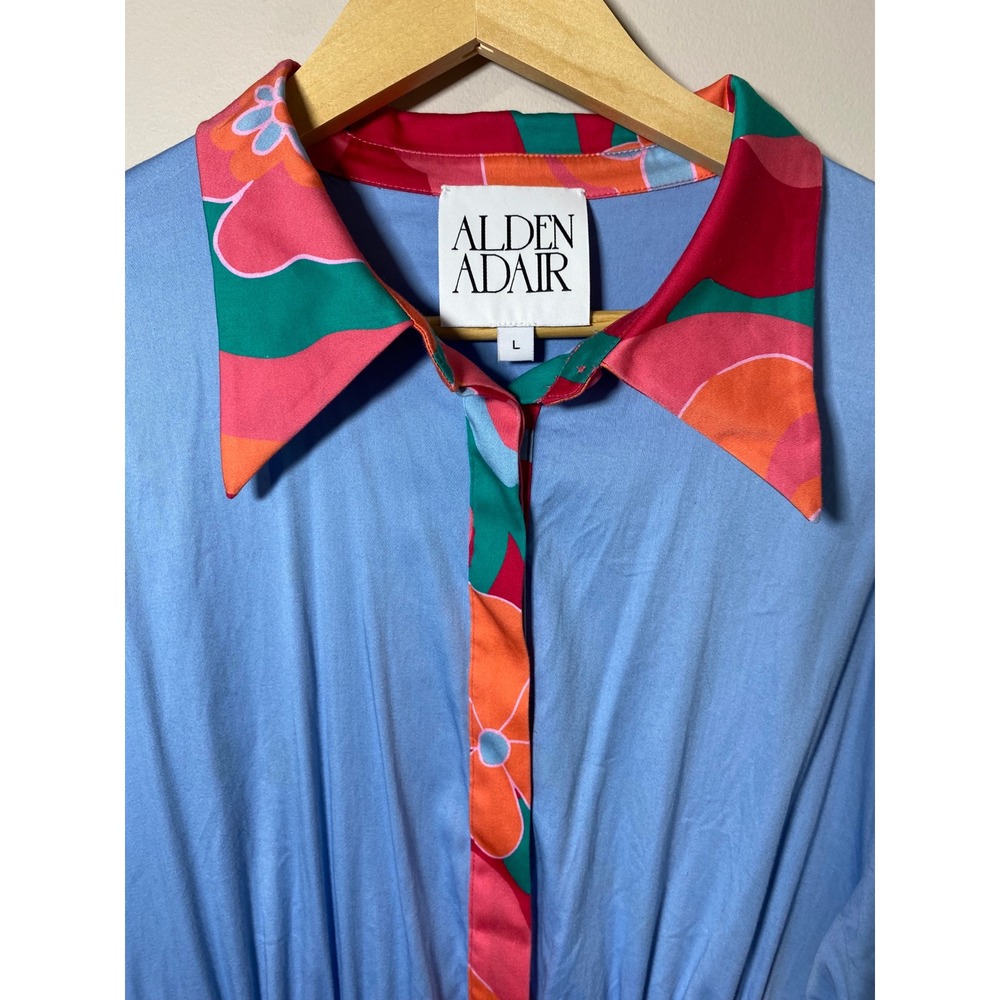 ALDEN ADAIR Maxi Dress Blue Puff Sleeve Collared Floral Print Tie Waist Size L - Picture 3 of 4